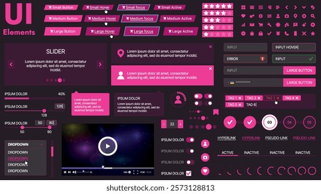 A modern UI kit featuring a collection of buttons, icons, navigation menus, and responsive design elements. Includes login forms, media players, search bars, and calendars, ideal for apps, websites