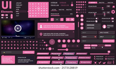 A modern UI kit featuring a collection of buttons, icons, navigation menus, and responsive design elements. Includes login forms, media players, search bars, and calendars, ideal for apps, websites