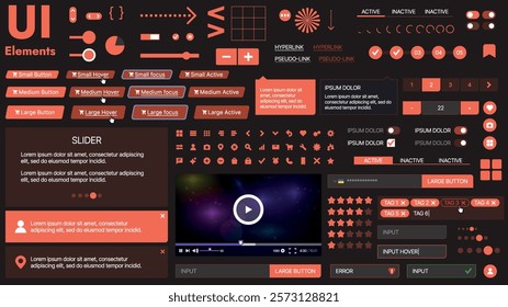 A modern UI kit featuring a collection of buttons, icons, navigation menus, and responsive design elements. Includes login forms, media players, search bars, and calendars, ideal for apps, websites