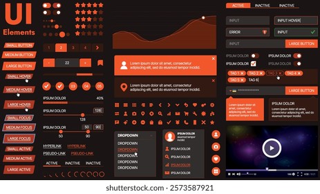 A modern UI kit featuring a collection of buttons, icons, navigation menus, and responsive design elements. Includes login forms, media players, search bars, and calendars, ideal for apps, websites
