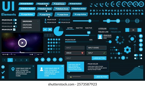 A modern UI kit featuring a collection of buttons, icons, navigation menus, and responsive design elements. Includes login forms, media players, search bars, and calendars, ideal for apps, websites