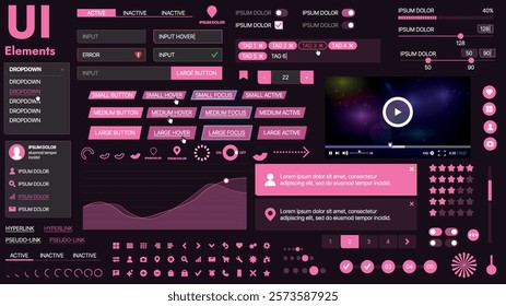 A modern UI kit featuring a collection of buttons, icons, navigation menus, and responsive design elements. Includes login forms, media players, search bars, and calendars, ideal for apps, websites