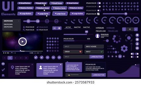 A modern UI kit featuring a collection of buttons, icons, navigation menus, and responsive design elements. Includes login forms, media players, search bars, and calendars, ideal for apps, websites