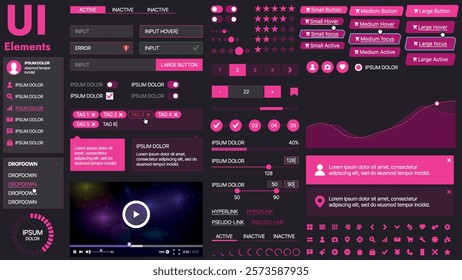 A modern UI kit featuring a collection of buttons, icons, navigation menus, and responsive design elements. Includes login forms, media players, search bars, and calendars, ideal for apps, websites