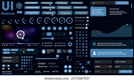 A modern UI kit featuring a collection of buttons, icons, navigation menus, and responsive design elements. Includes login forms, media players, search bars, and calendars, ideal for apps, websites