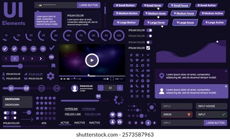 A modern UI kit featuring a collection of buttons, icons, navigation menus, and responsive design elements. Includes login forms, media players, search bars, and calendars, ideal for apps, websites