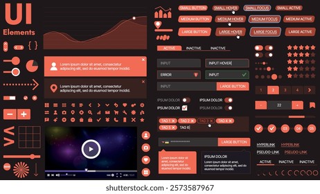 A modern UI kit featuring a collection of buttons, icons, navigation menus, and responsive design elements. Includes login forms, media players, search bars, and calendars, ideal for apps, websites