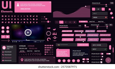 A modern UI kit featuring a collection of buttons, icons, navigation menus, and responsive design elements. Includes login forms, media players, search bars, and calendars, ideal for apps, websites
