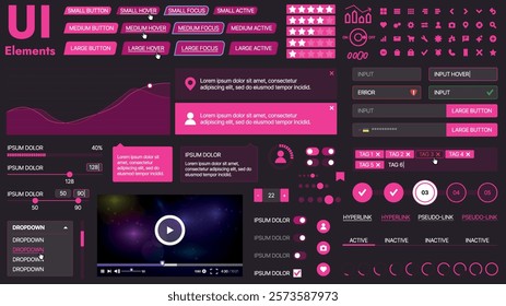 A modern UI kit featuring a collection of buttons, icons, navigation menus, and responsive design elements. Includes login forms, media players, search bars, and calendars, ideal for apps, websites