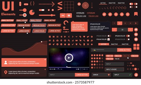A modern UI kit featuring a collection of buttons, icons, navigation menus, and responsive design elements. Includes login forms, media players, search bars, and calendars, ideal for apps, websites