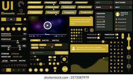 A modern UI kit featuring a collection of buttons, icons, navigation menus, and responsive design elements. Includes login forms, media players, search bars, and calendars, ideal for apps, websites