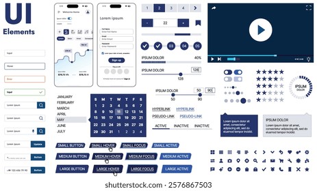 A modern UI kit featuring a collection of buttons, icons, navigation menus, and responsive design elements. Includes login forms, media players, search bars, and calendars, ideal for apps, websites