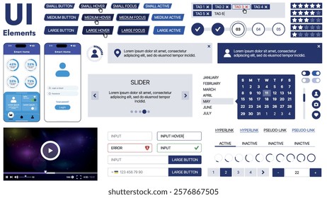 A modern UI kit featuring a collection of buttons, icons, navigation menus, and responsive design elements. Includes login forms, media players, search bars, and calendars, ideal for apps, websites