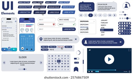 A modern UI kit featuring a collection of buttons, icons, navigation menus, and responsive design elements. Includes login forms, media players, search bars, and calendars, ideal for apps, websites
