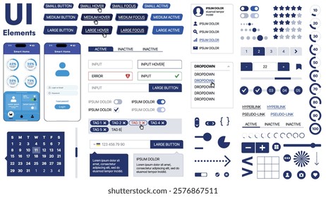 A modern UI kit featuring a collection of buttons, icons, navigation menus, and responsive design elements. Includes login forms, media players, search bars, and calendars, ideal for apps, websites