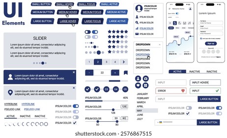 A modern UI kit featuring a collection of buttons, icons, navigation menus, and responsive design elements. Includes login forms, media players, search bars, and calendars, ideal for apps, websites