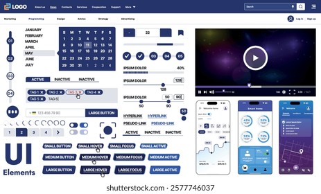 A modern UI kit featuring a collection of buttons, icons, navigation menus, and responsive design elements. Includes login forms, media players, search bars, and calendars, ideal for apps, websites