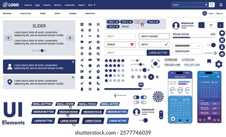 A modern UI kit featuring a collection of buttons, icons, navigation menus, and responsive design elements. Includes login forms, media players, search bars, and calendars, ideal for apps, websites