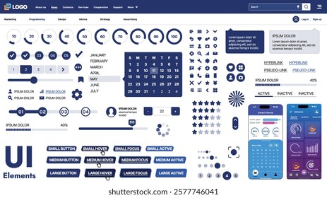 A modern UI kit featuring a collection of buttons, icons, navigation menus, and responsive design elements. Includes login forms, media players, search bars, and calendars, ideal for apps, websites