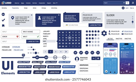 A modern UI kit featuring a collection of buttons, icons, navigation menus, and responsive design elements. Includes login forms, media players, search bars, and calendars, ideal for apps, websites