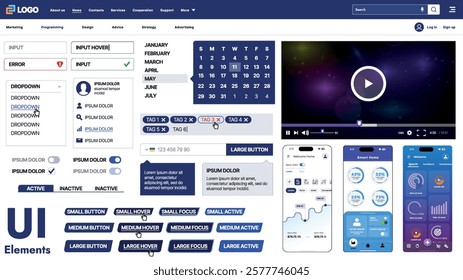 A modern UI kit featuring a collection of buttons, icons, navigation menus, and responsive design elements. Includes login forms, media players, search bars, and calendars, ideal for apps, websites