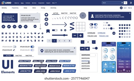 A modern UI kit featuring a collection of buttons, icons, navigation menus, and responsive design elements. Includes login forms, media players, search bars, and calendars, ideal for apps, websites