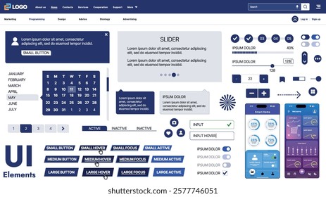 A modern UI kit featuring a collection of buttons, icons, navigation menus, and responsive design elements. Includes login forms, media players, search bars, and calendars, ideal for apps, websites