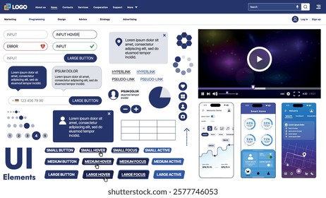 A modern UI kit featuring a collection of buttons, icons, navigation menus, and responsive design elements. Includes login forms, media players, search bars, and calendars, ideal for apps, websites