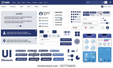 A modern UI kit featuring a collection of buttons, icons, navigation menus, and responsive design elements. Includes login forms, media players, search bars, and calendars, ideal for apps, websites