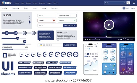 A modern UI kit featuring a collection of buttons, icons, navigation menus, and responsive design elements. Includes login forms, media players, search bars, and calendars, ideal for apps, websites