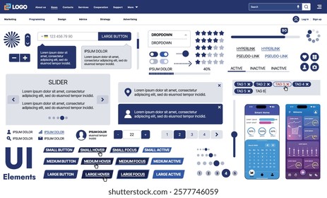 A modern UI kit featuring a collection of buttons, icons, navigation menus, and responsive design elements. Includes login forms, media players, search bars, and calendars, ideal for apps, websites
