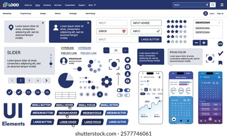 A modern UI kit featuring a collection of buttons, icons, navigation menus, and responsive design elements. Includes login forms, media players, search bars, and calendars, ideal for apps, websites