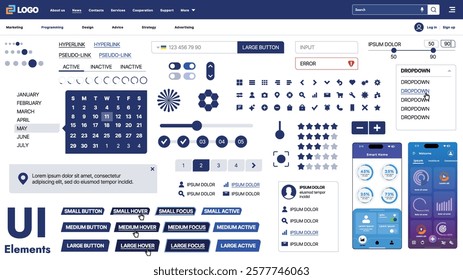 A modern UI kit featuring a collection of buttons, icons, navigation menus, and responsive design elements. Includes login forms, media players, search bars, and calendars, ideal for apps, websites