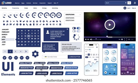 A modern UI kit featuring a collection of buttons, icons, navigation menus, and responsive design elements. Includes login forms, media players, search bars, and calendars, ideal for apps, websites