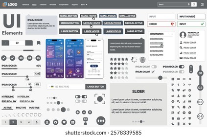 A modern UI kit featuring a collection of buttons, icons, navigation menus, and responsive design elements. Includes login forms, media players, search bars, and calendars, ideal for apps, websites