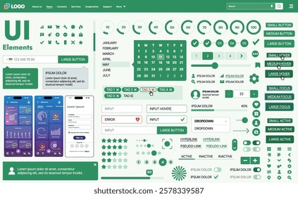 A modern UI kit featuring a collection of buttons, icons, navigation menus, and responsive design elements. Includes login forms, media players, search bars, and calendars, ideal for apps, websites