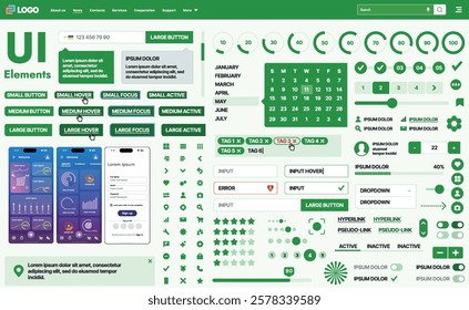 A modern UI kit featuring a collection of buttons, icons, navigation menus, and responsive design elements. Includes login forms, media players, search bars, and calendars, ideal for apps, websites