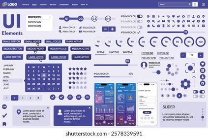 A modern UI kit featuring a collection of buttons, icons, navigation menus, and responsive design elements. Includes login forms, media players, search bars, and calendars, ideal for apps, websites