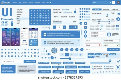 A modern UI kit featuring a collection of buttons, icons, navigation menus, and responsive design elements. Includes login forms, media players, search bars, and calendars, ideal for apps, websites