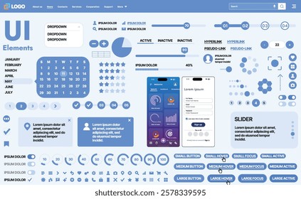 A modern UI kit featuring a collection of buttons, icons, navigation menus, and responsive design elements. Includes login forms, media players, search bars, and calendars, ideal for apps, websites