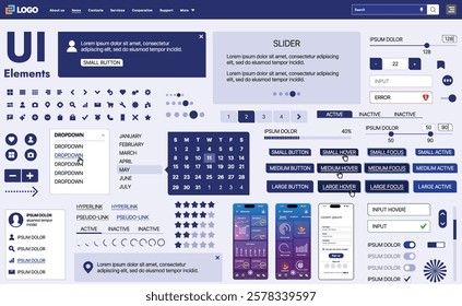 A modern UI kit featuring a collection of buttons, icons, navigation menus, and responsive design elements. Includes login forms, media players, search bars, and calendars, ideal for apps, websites