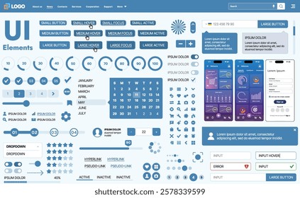 A modern UI kit featuring a collection of buttons, icons, navigation menus, and responsive design elements. Includes login forms, media players, search bars, and calendars, ideal for apps, websites