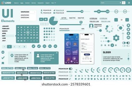 A modern UI kit featuring a collection of buttons, icons, navigation menus, and responsive design elements. Includes login forms, media players, search bars, and calendars, ideal for apps, websites