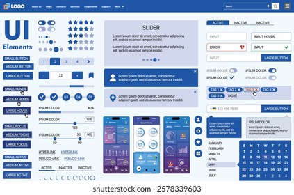 A modern UI kit featuring a collection of buttons, icons, navigation menus, and responsive design elements. Includes login forms, media players, search bars, and calendars, ideal for apps, websites