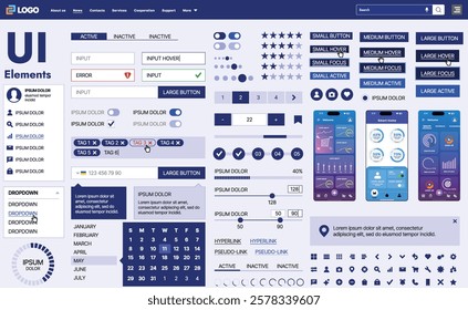 A modern UI kit featuring a collection of buttons, icons, navigation menus, and responsive design elements. Includes login forms, media players, search bars, and calendars, ideal for apps, websites