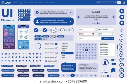 A modern UI kit featuring a collection of buttons, icons, navigation menus, and responsive design elements. Includes login forms, media players, search bars, and calendars, ideal for apps, websites