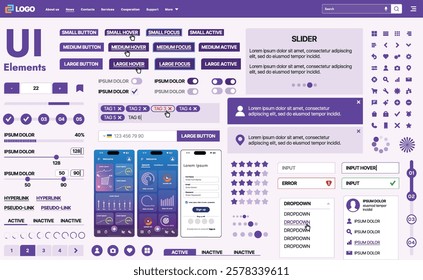 A modern UI kit featuring a collection of buttons, icons, navigation menus, and responsive design elements. Includes login forms, media players, search bars, and calendars, ideal for apps, websites