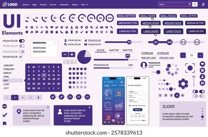 A modern UI kit featuring a collection of buttons, icons, navigation menus, and responsive design elements. Includes login forms, media players, search bars, and calendars, ideal for apps, websites