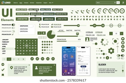 A modern UI kit featuring a collection of buttons, icons, navigation menus, and responsive design elements. Includes login forms, media players, search bars, and calendars, ideal for apps, websites