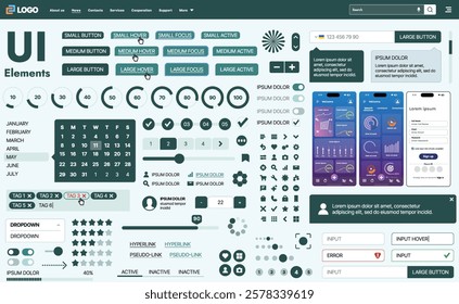 A modern UI kit featuring a collection of buttons, icons, navigation menus, and responsive design elements. Includes login forms, media players, search bars, and calendars, ideal for apps, websites